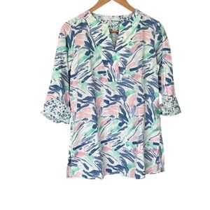 Foxcroft Women's Cotton 3/4 Sleeve Tropical Paint Splash Shirt, Size 6